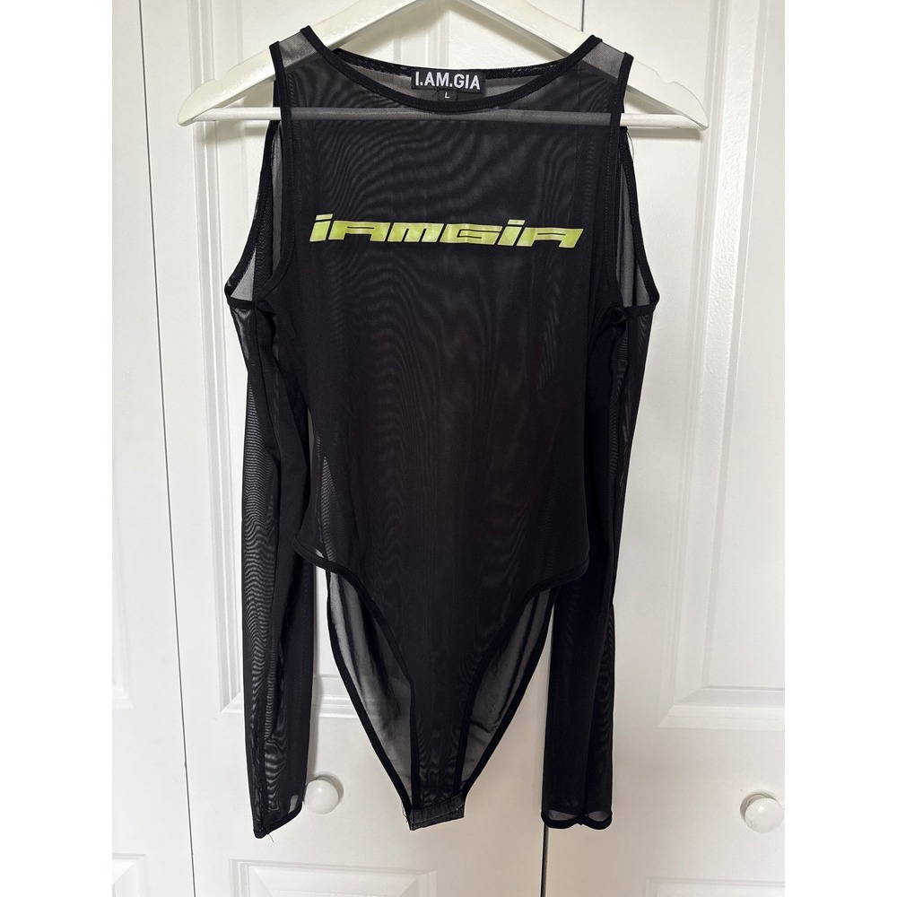 I.AM.GIA Black Mesh Cold Shoulder Bodysuit Lime Green Logo Long Sleeve Large